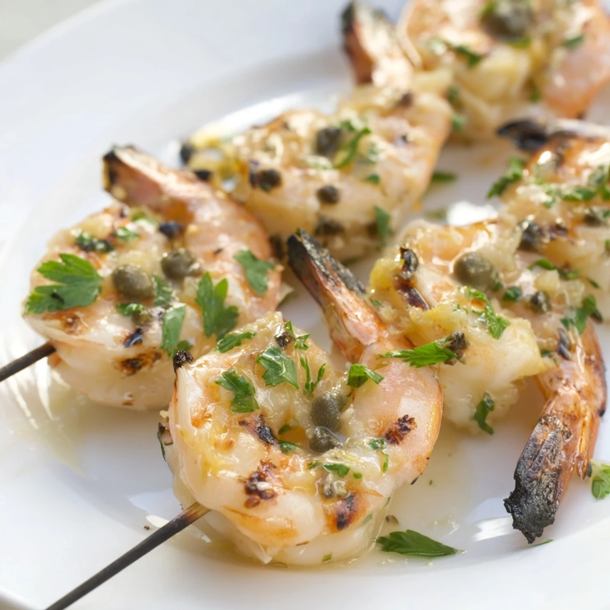 Golden grilled shrimp piccata skewers brushed with zesty lemon butter sauce and fresh parsley