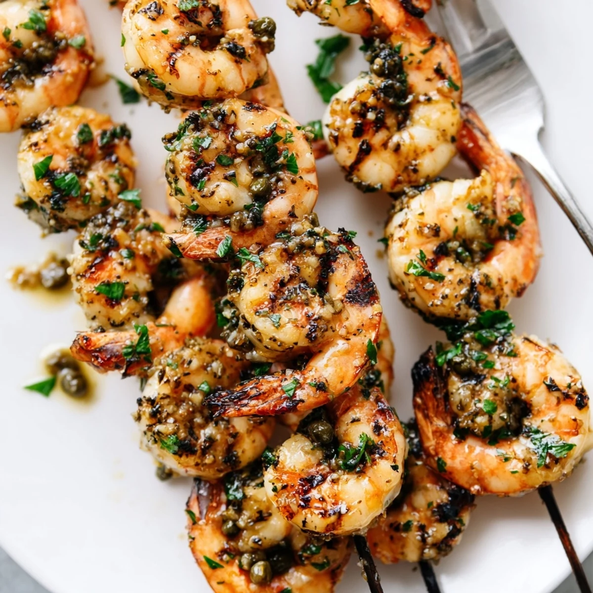 Charred grilled shrimp piccata skewers drizzled with buttery lemon sauce and garnished with herbs