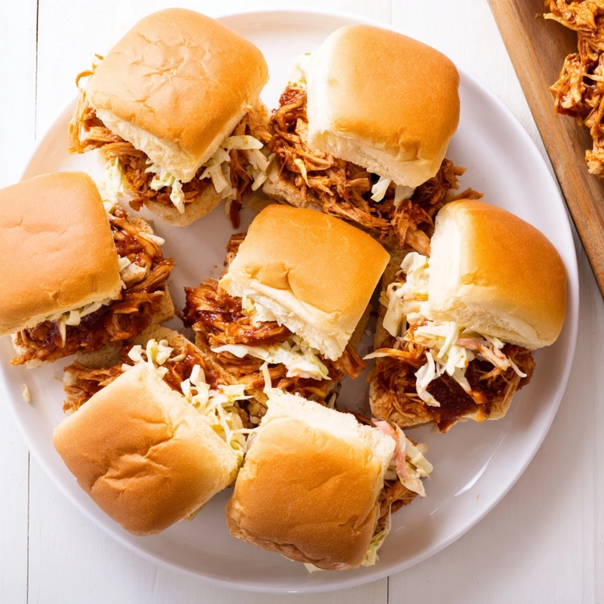 Homemade BBQ pulled chicken sliders featuring shredded meat and crisp slaw on toasted Hawaiian buns