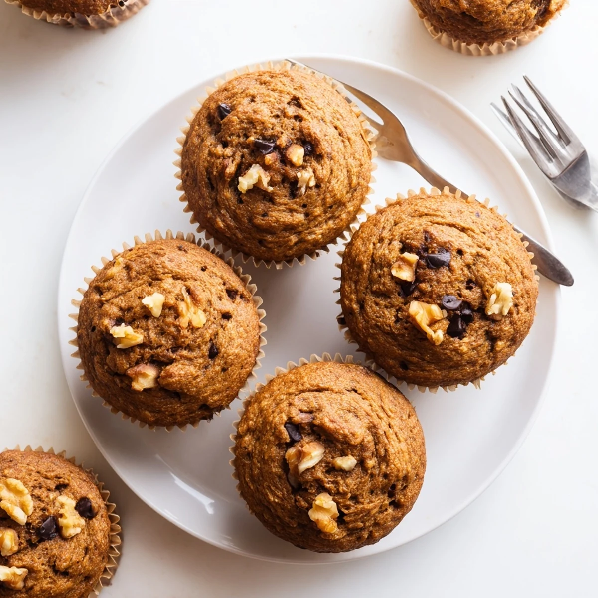 Golden brown healthy banana nut muffins topped with chopped walnuts on a wire cooling rack