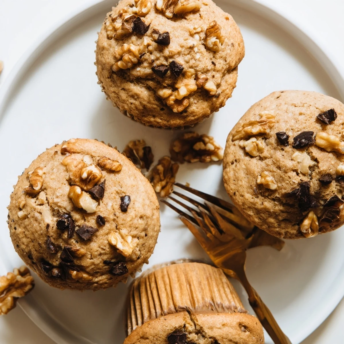 Freshly baked healthy banana nut muffins with ripe banana chunks and crunchy pecans inside
