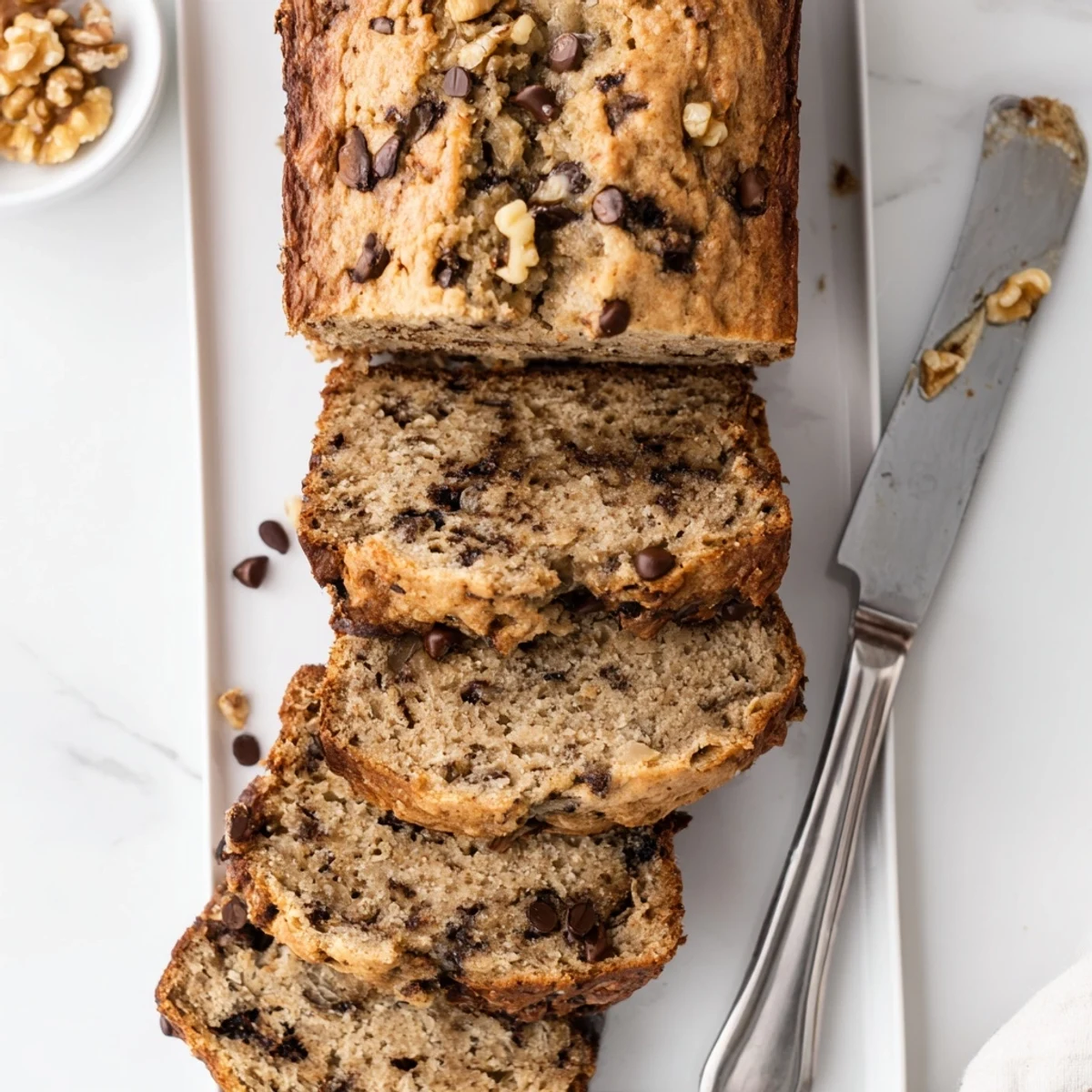Moist protein banana bread oil free loaf sliced on a wooden cutting board with walnuts