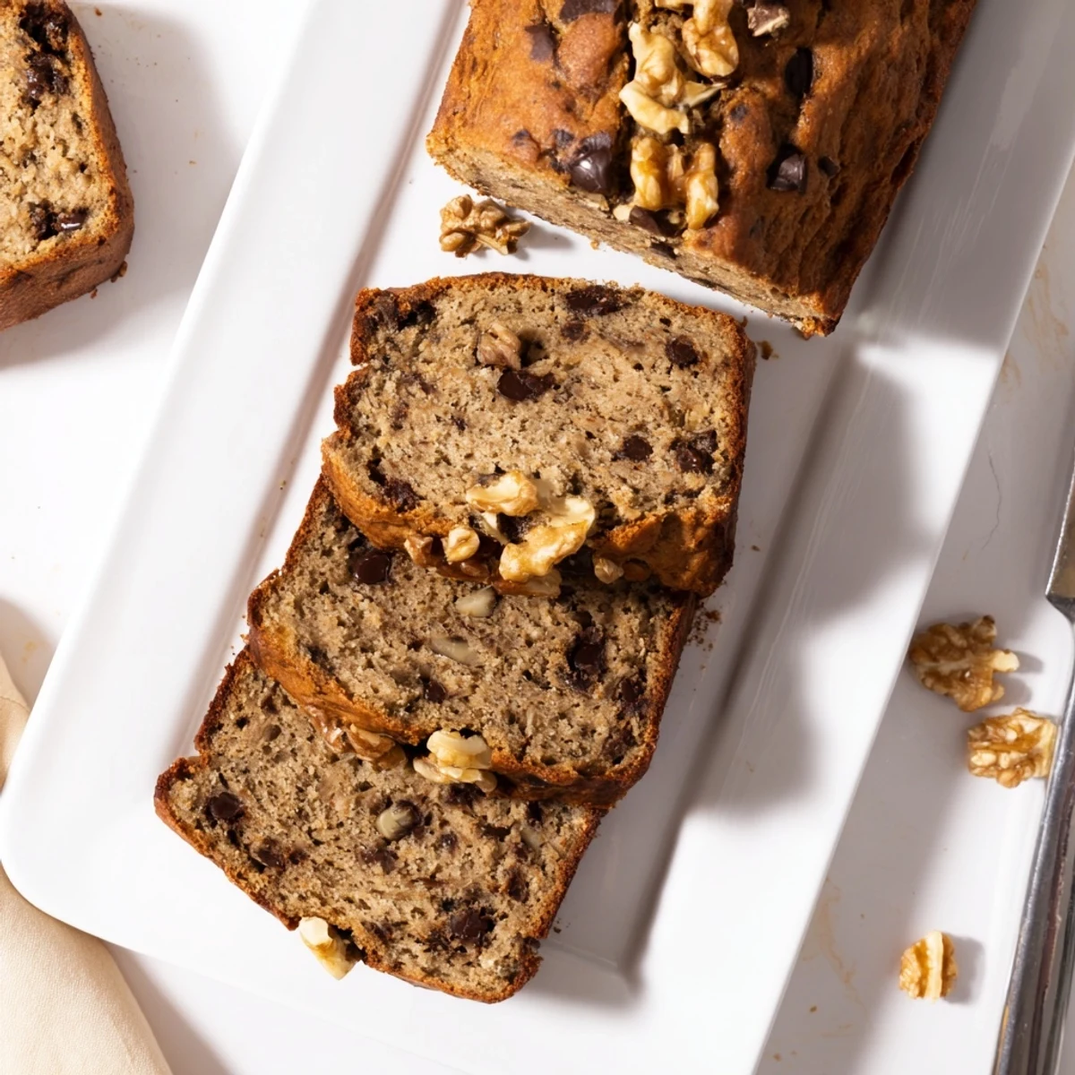 Golden brown protein banana bread oil free serving topped with melted dark chocolate chips