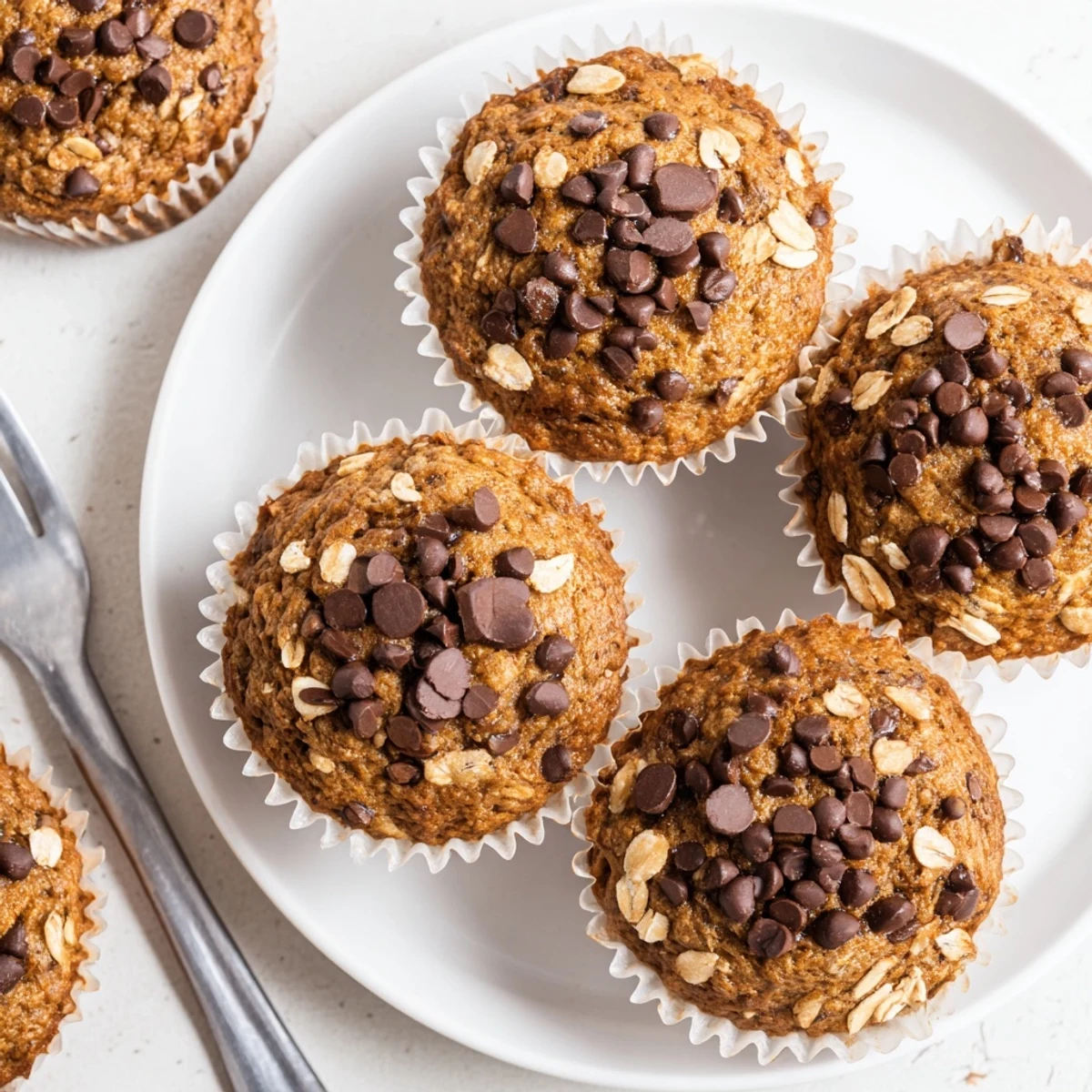 Golden banana chocolate chip muffins with oats fresh from the oven on a wire rack
