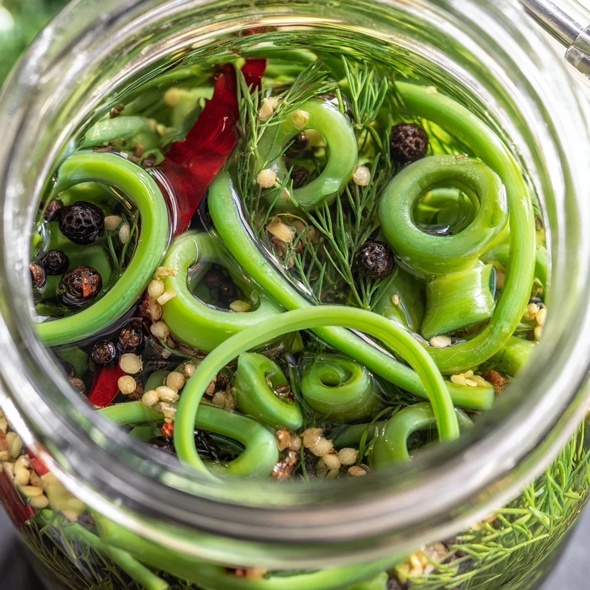 Golden garlic scapes packed into glass jars with spicy vinegar brine and red pepper flakes