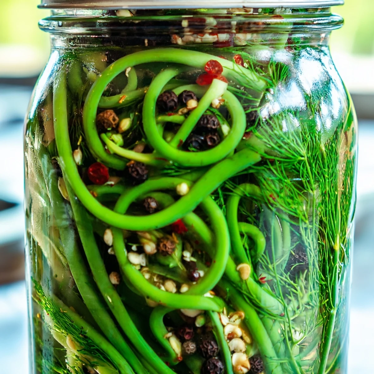 Crisp pickled garlic scapes in clear jars with whole spices and dill sprigs visible