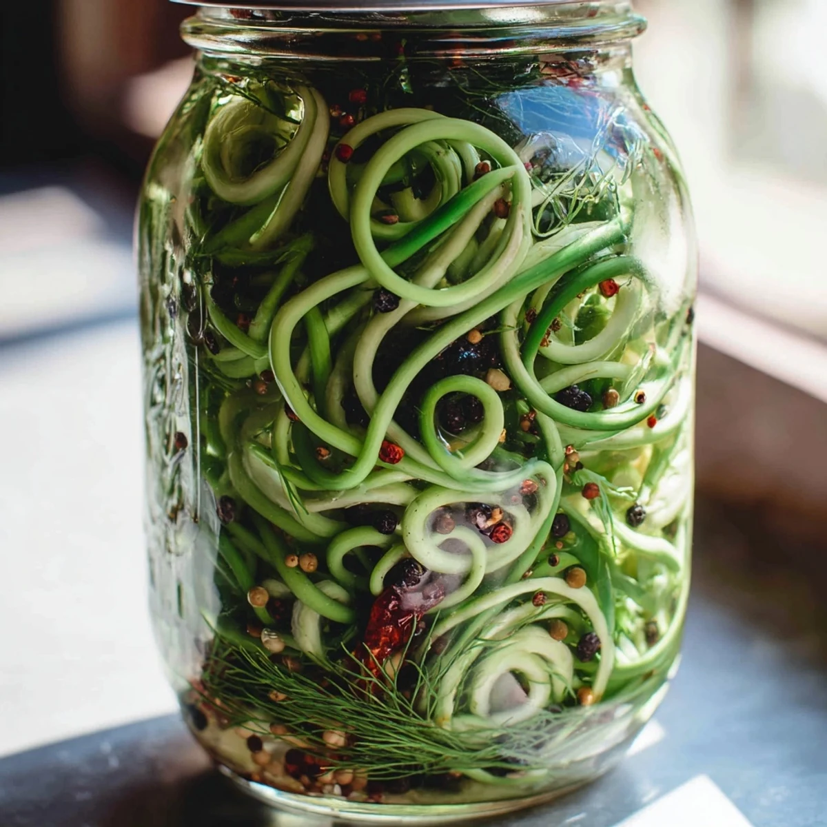 Tangy spicy pickled garlic scapes curling in mason jars with chili pepper and aromatic brine