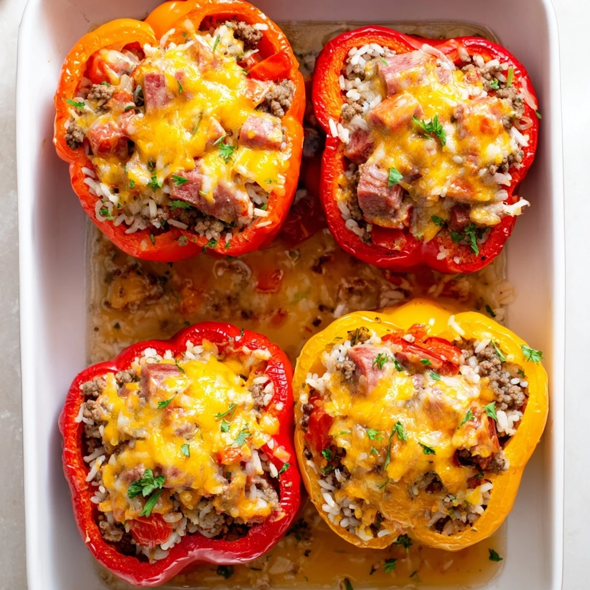 Colorful bell peppers overflowing with seasoned kielbasa, ground beef, rice, and melted cheddar cheese