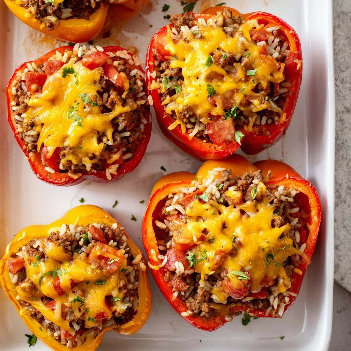 Golden melted cheese tops these Kielbasa stuffed bell peppers with savory beef rice filling