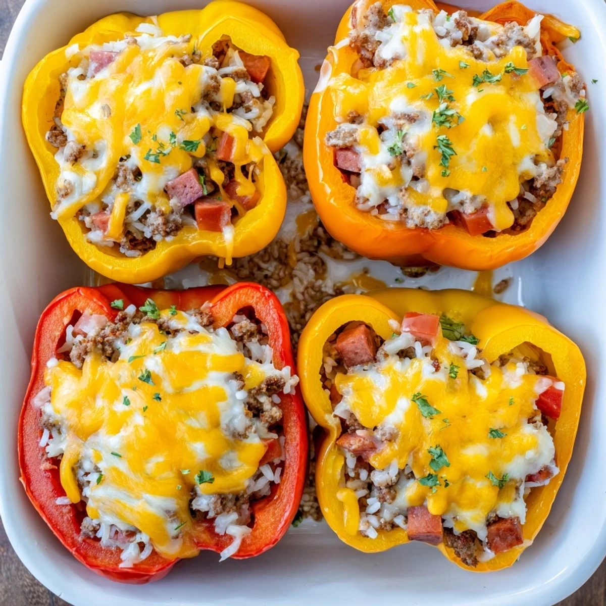 Baked stuffed peppers filled with cheesy kielbasa beef rice mixture garnished with fresh parsley