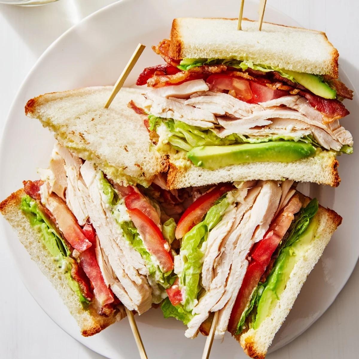 Golden triple-decker California club sandwich stacked with roasted turkey, crispy bacon, avocado, and fresh tomato slices