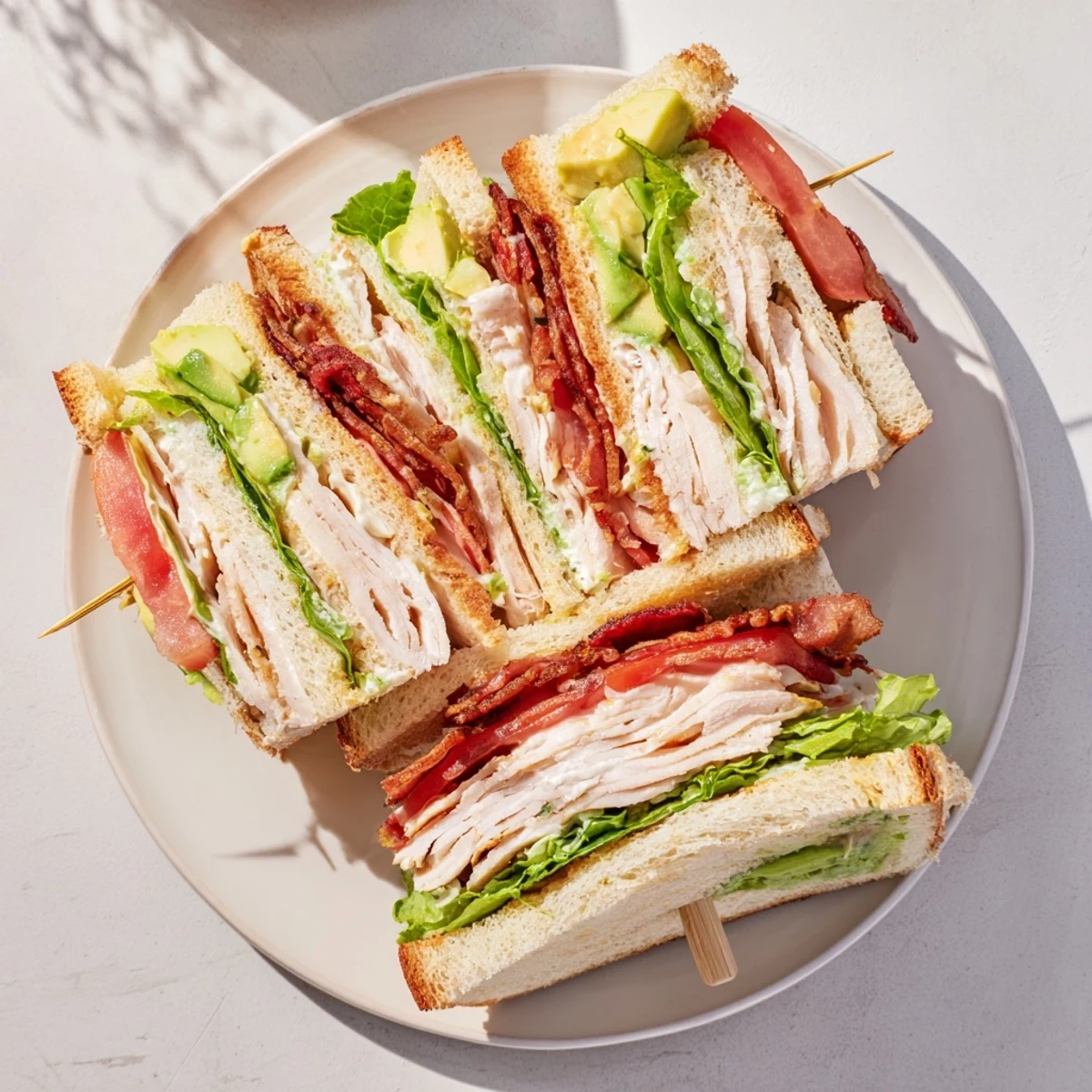 Hearty California club sandwich on white bread with ripe tomato, crisp bacon, turkey, and creamy mayonnaise layers