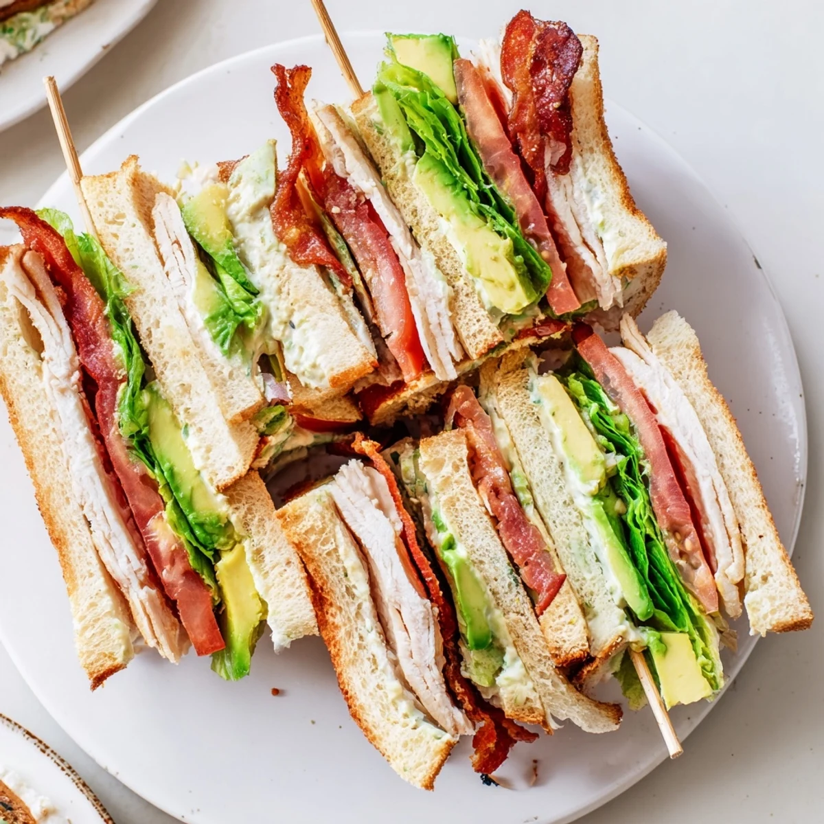 Toasted California club sandwich cut into triangles revealing layers of lettuce, bacon, turkey, and creamy avocado