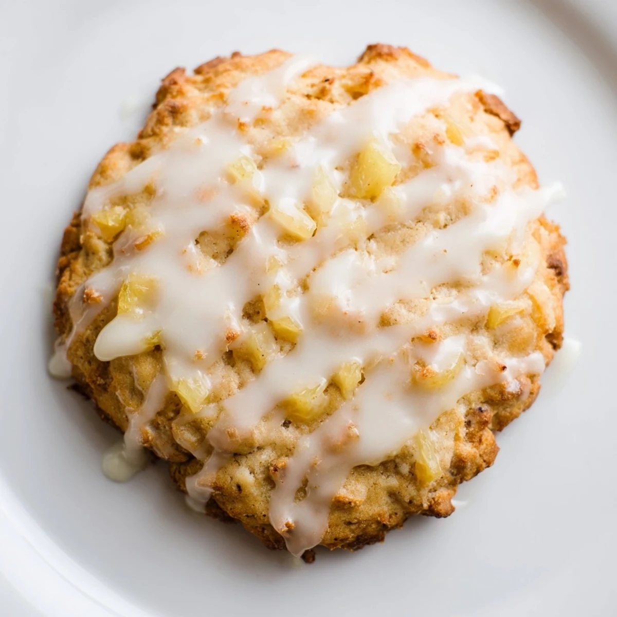 Soft baked pineapple cookies topped with powdered sugar glaze on serving plate