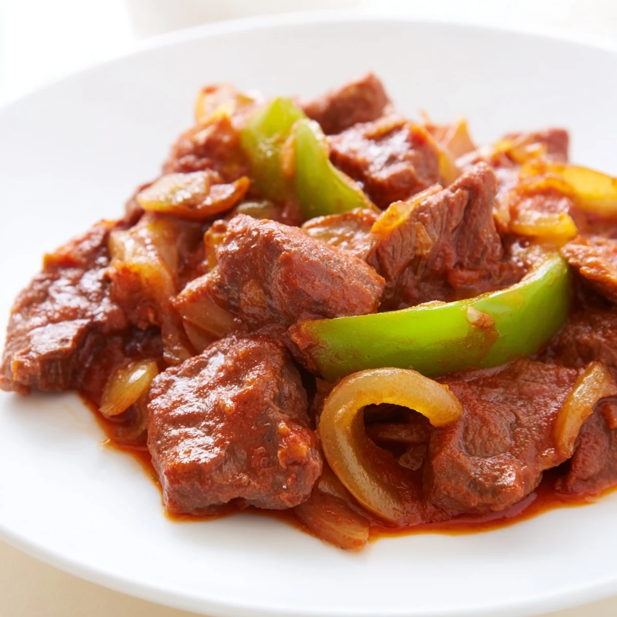 Golden Old Fashioned Swiss steak with beef simmered in rich tomato sauce with tender vegetables