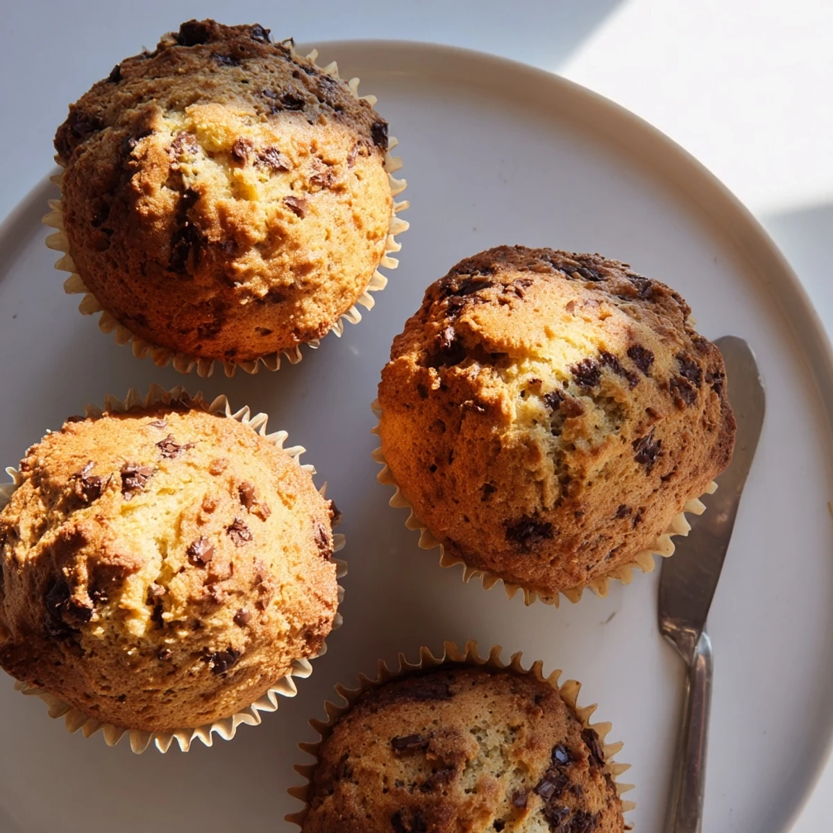 Golden banana espresso chocolate chip muffins with melty chocolate chunks and cracked tops