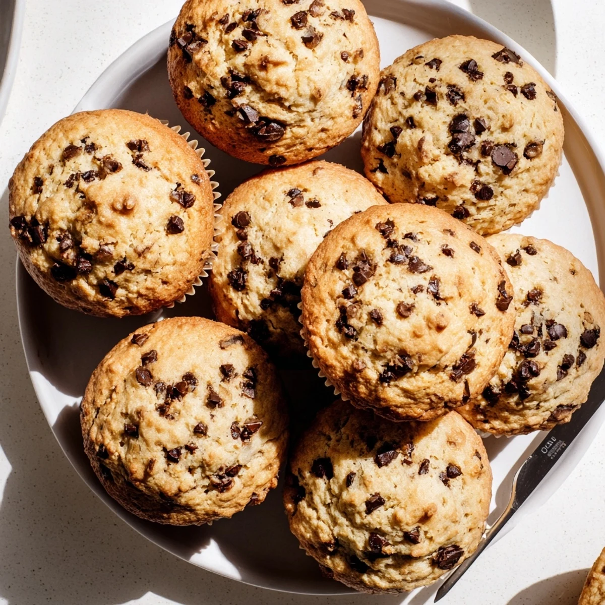 Freshly baked coffee spiked muffins piled on a wire rack with chocolate chip centers