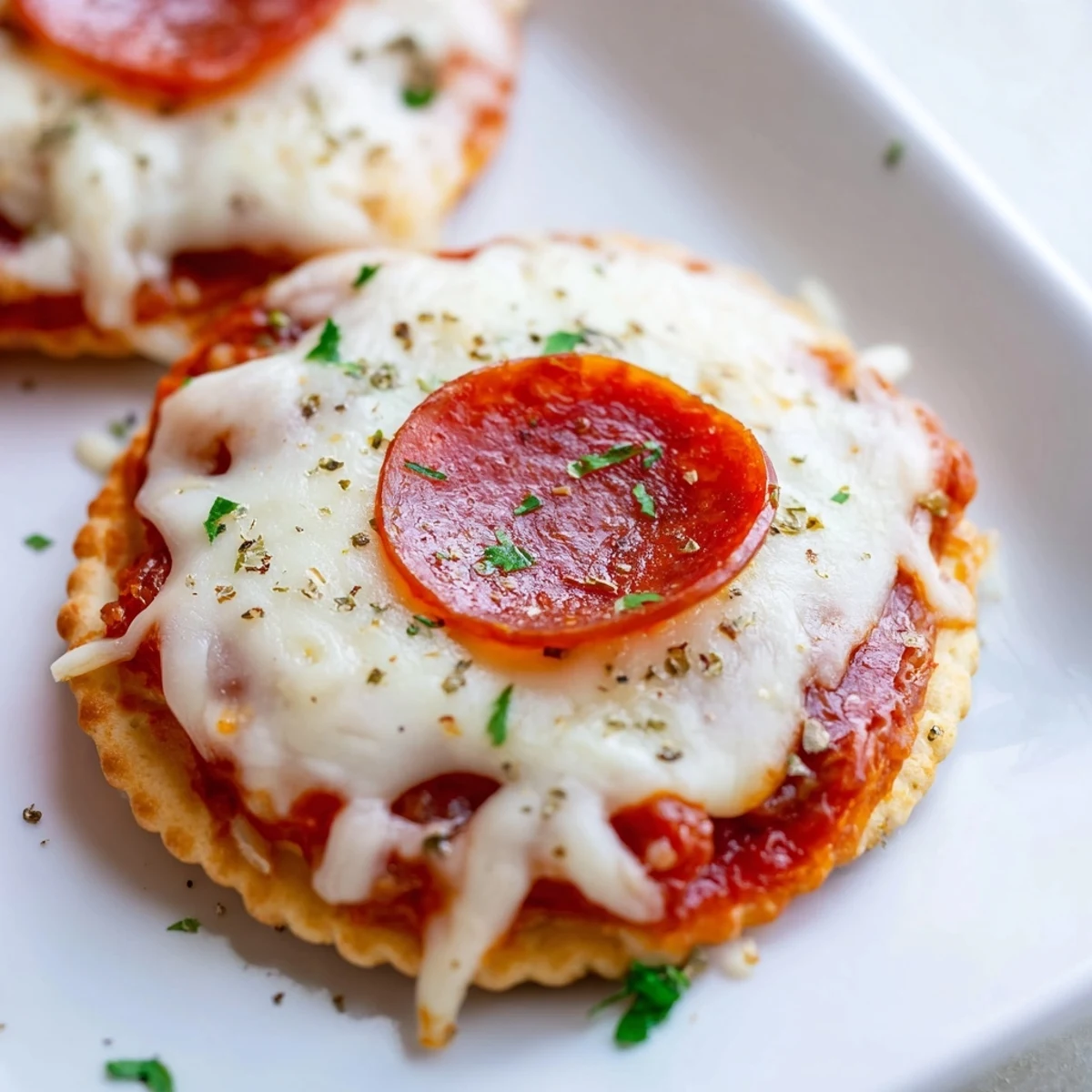 Baked Beef Pepperoni Pizza Crackers arranged on parchment paper with savory pizza sauce and Italian herb seasoning