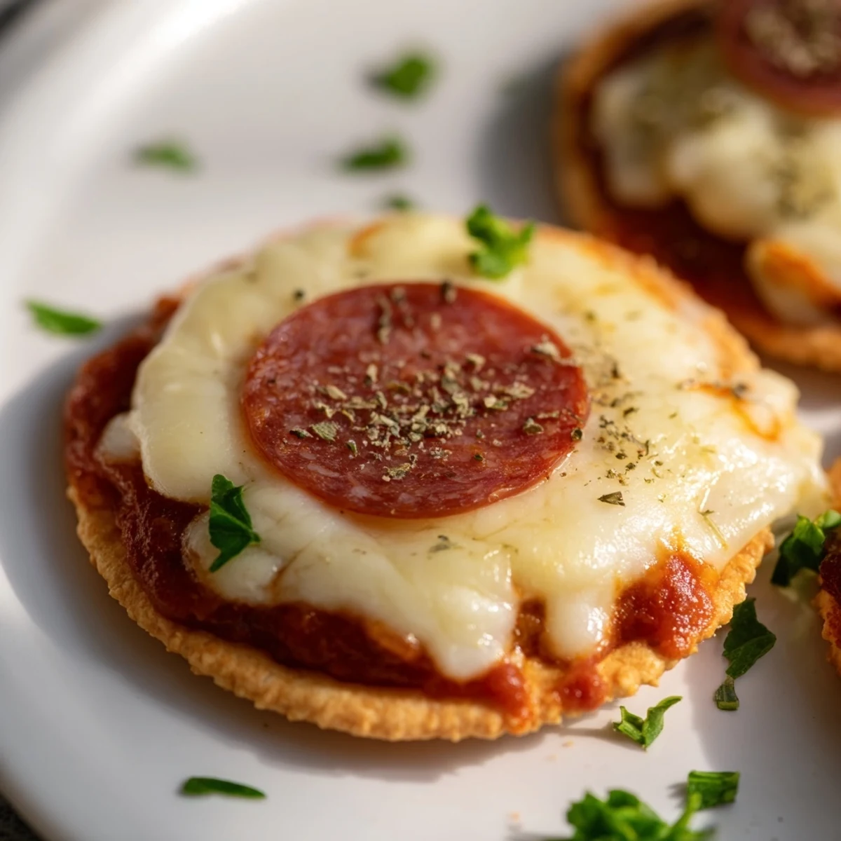 Golden Beef Pepperoni Pizza Crackers topped with bubbly melted mozzarella and zesty pepperoni slices on crispy crackers