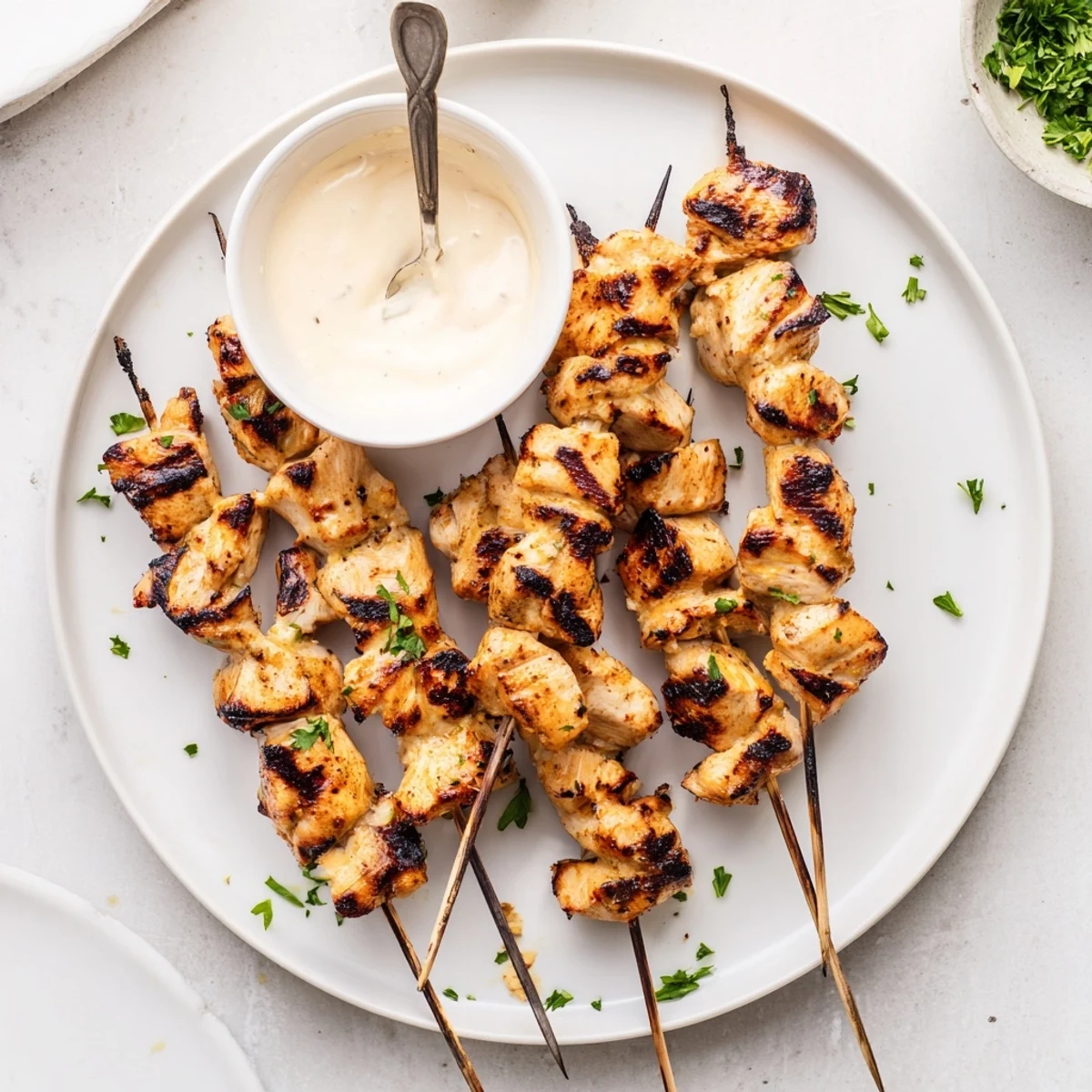 Plated Grilled Chicken Bites With Creamy Garlic Sauce on skewers, lemon-kissed glaze