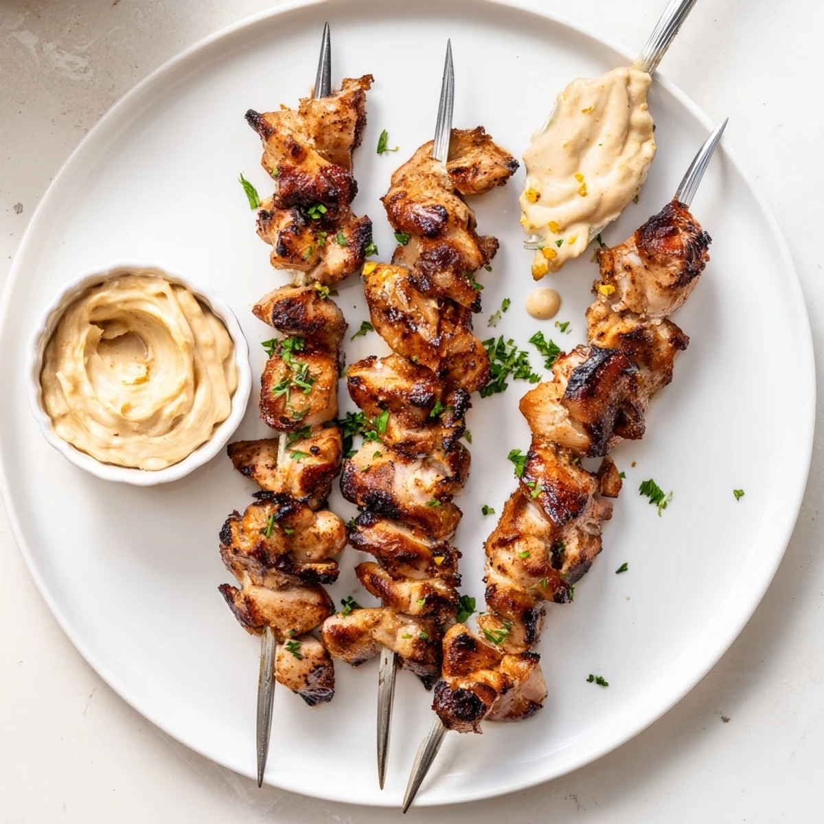 Grilled Chicken Bites With Creamy Garlic Sauce, juicy charred pieces and velvety dip