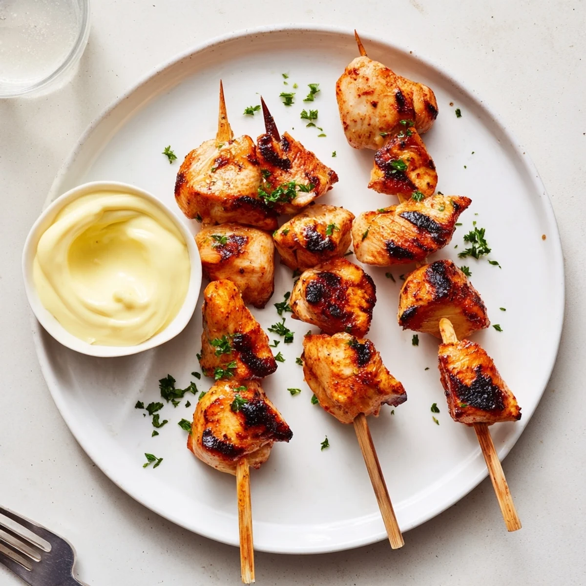 Family-style Grilled Chicken Bites With Creamy Garlic Sauce over crisp salad greens