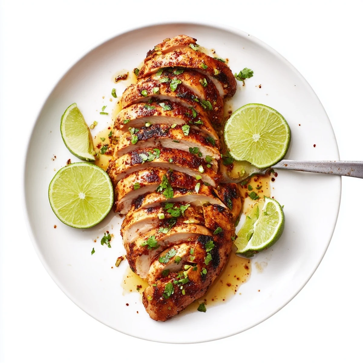 Grilled Spicy Honey Lime Chicken resting on platter, glazed, cilantro and lime