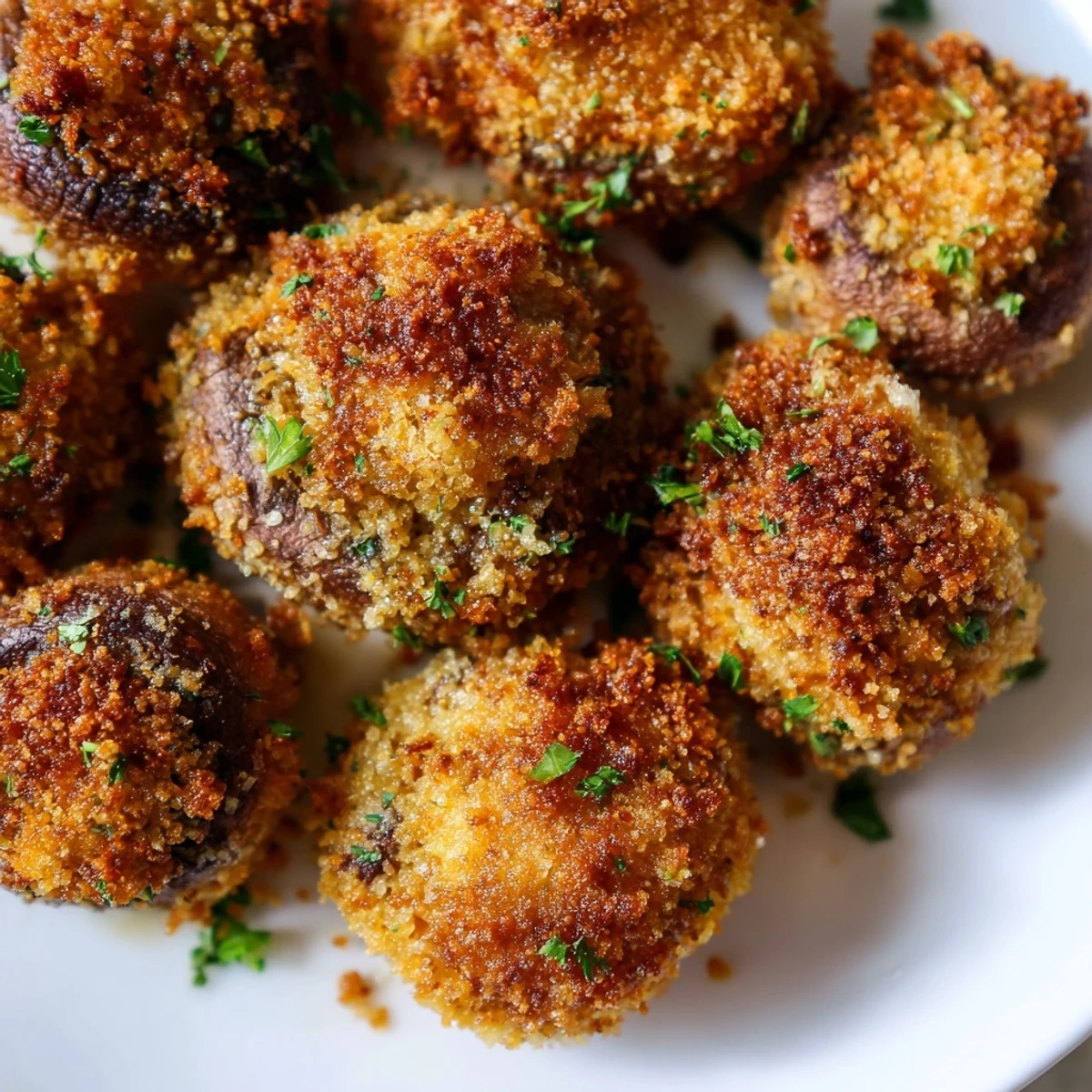 Golden brown crispy fried mushrooms arranged on a serving plate with fresh parsley garnish