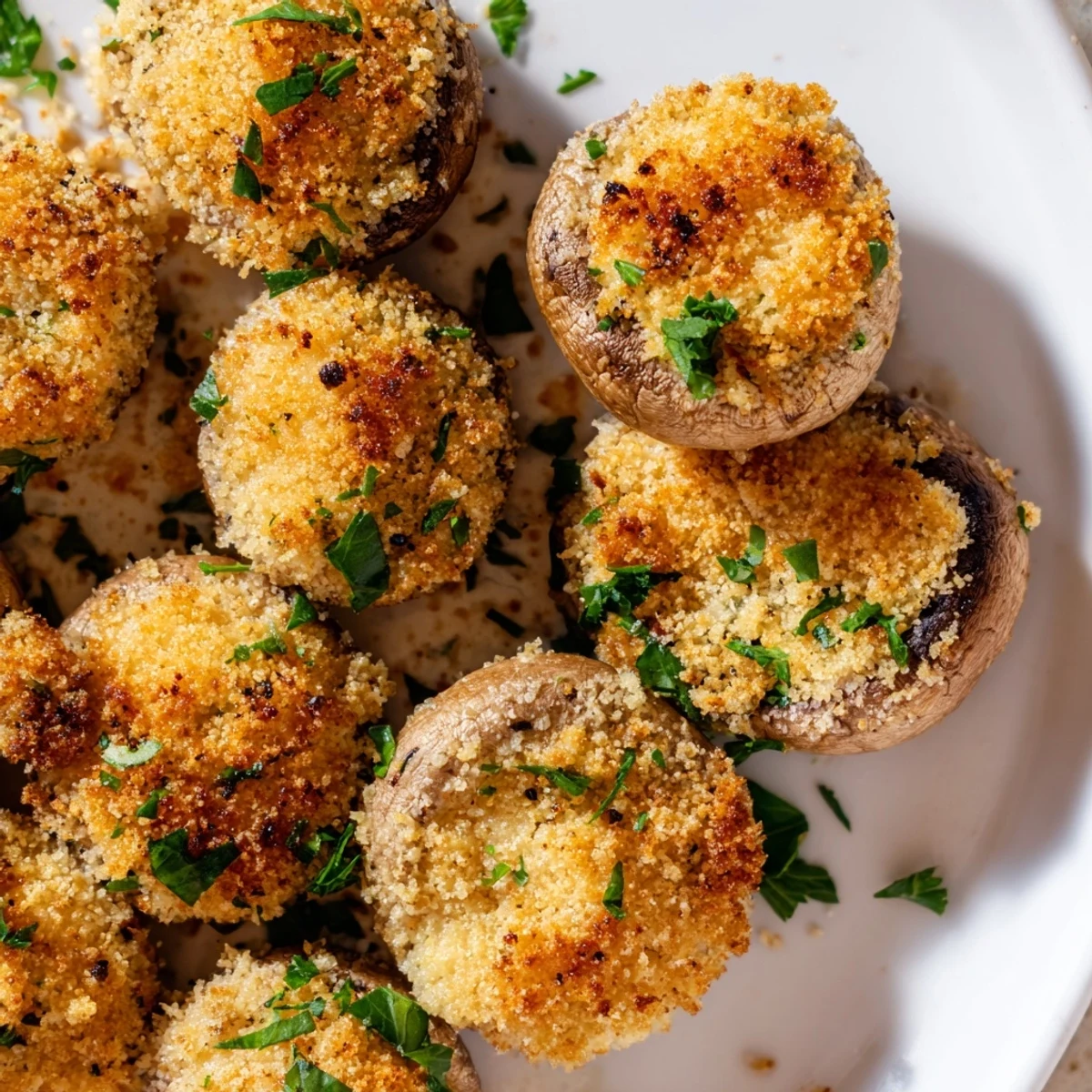 Perfectly cooked crispy fried mushrooms showing crunchy breadcrumb coating on golden battered exterior