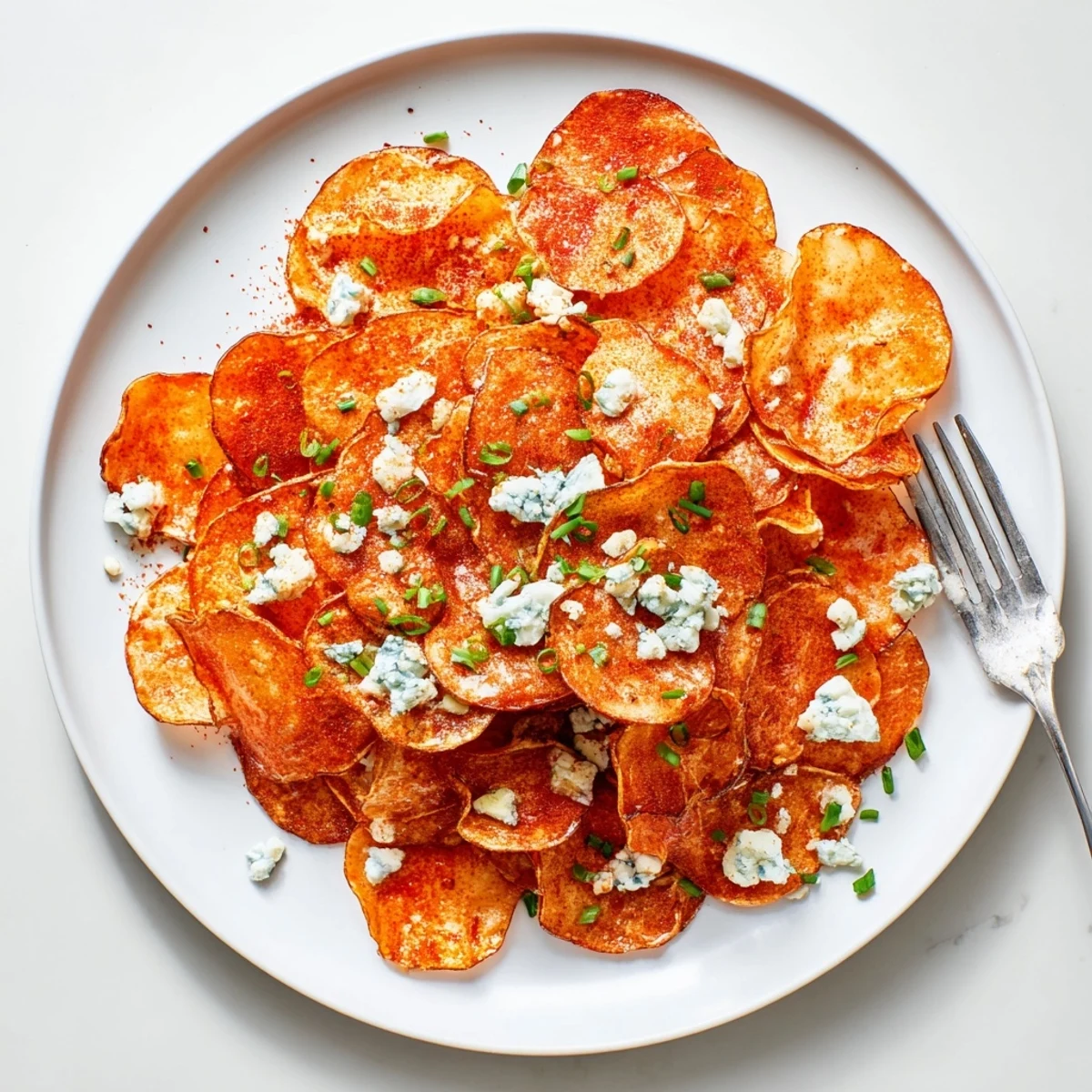 Golden Buffalo chips tossed in spicy red sauce and topped with blue cheese crumbles