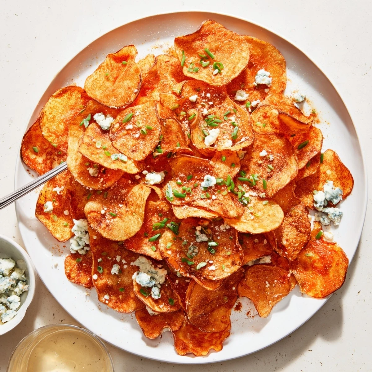 Spicy Buffalo chips on a serving platter with ranch dip for game day snacking
