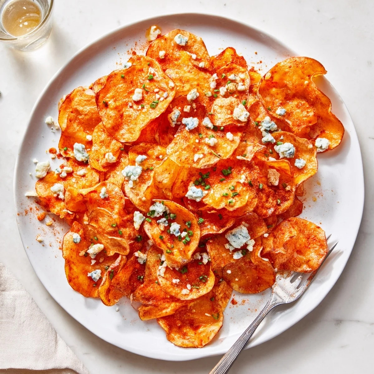 Crispy potato slices coated in buttery Buffalo sauce with fresh chive garnish