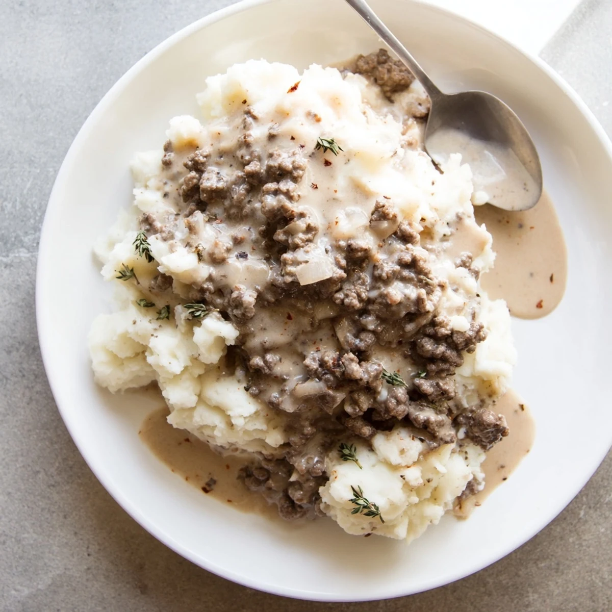 Rich homemade hamburger gravy ladled over fluffy mashed potatoes in a white bowl