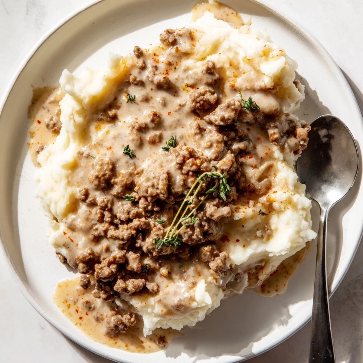 Creamy beef hamburger gravy with ground beef chunks spooned over warm buttery biscuits