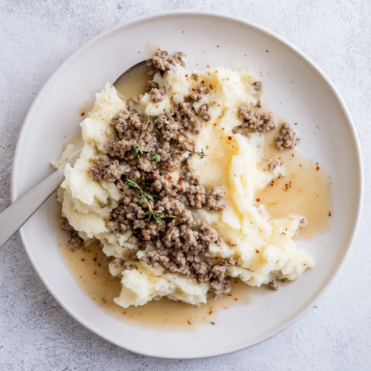 Savory homemade hamburger gravy drizzled across mashed potatoes with fresh parsley garnish