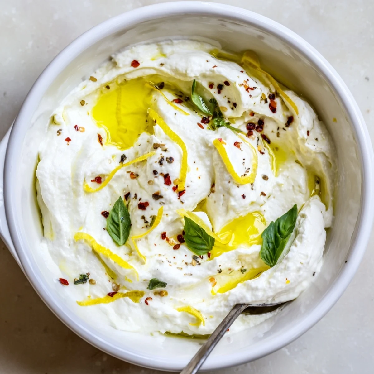 Light and fluffy whipped ricotta appetizer with honey drizzle and lemon zest on white plate