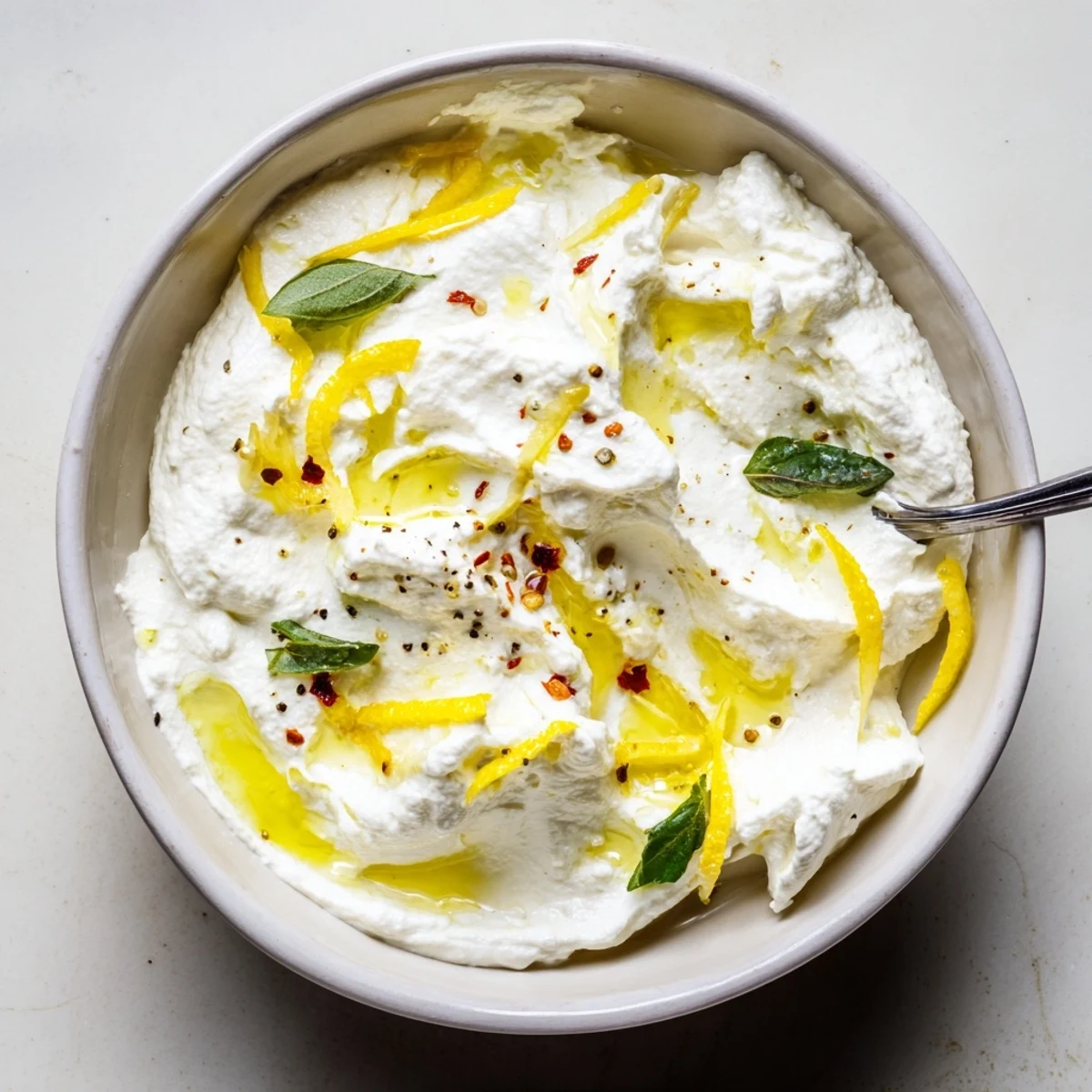 Creamy whipped ricotta dip topped with olive oil and fresh herbs served on wooden board