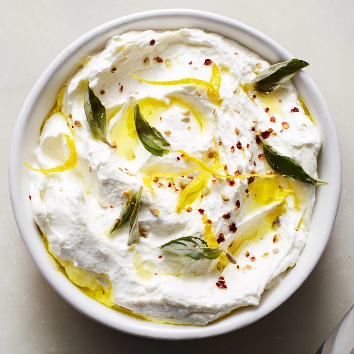 Homemade whipped ricotta spread served with toasted crostini crackers and fresh vegetables