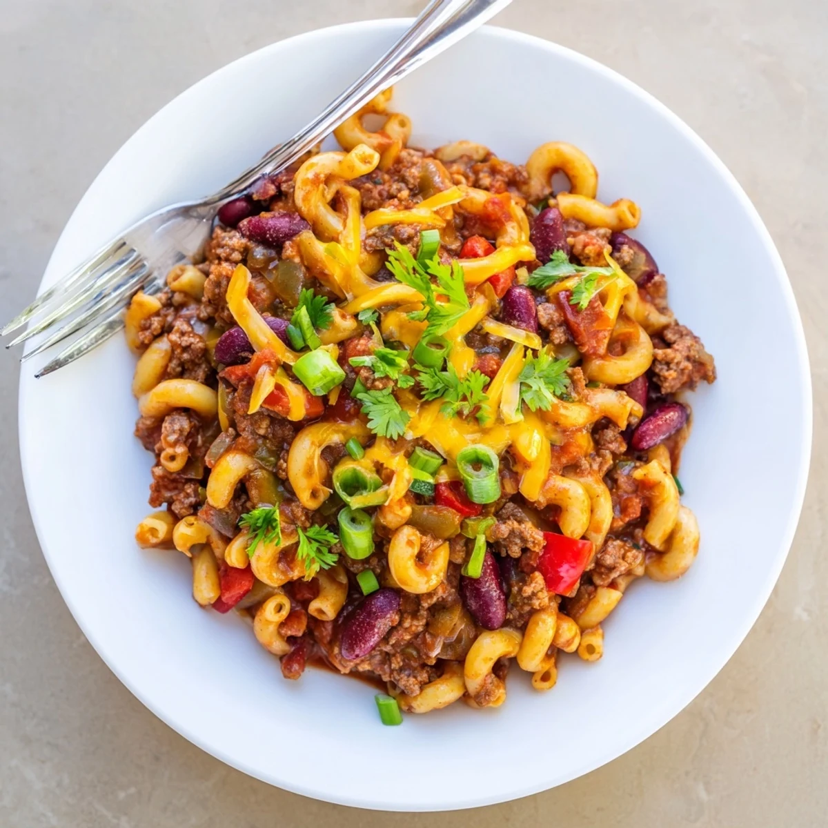 Bubbling skillet of chili mac and cheese recipe topped with melted cheddar and fresh green onions
