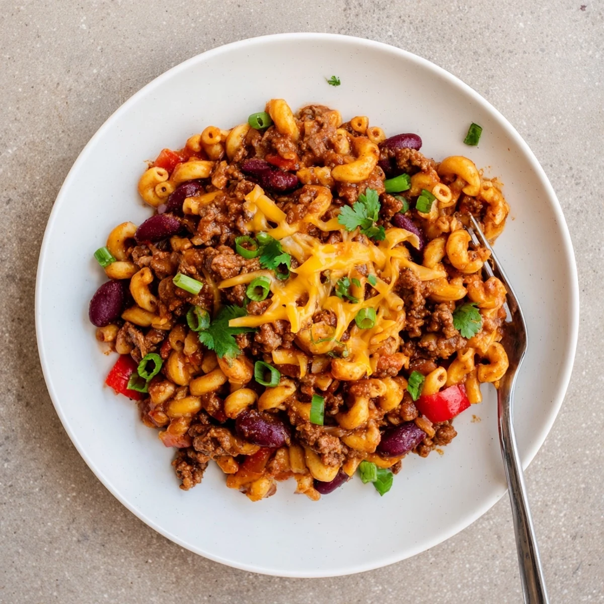Spoon lifts creamy chili mac and cheese recipe showing tender pasta, ground beef, and kidney beans