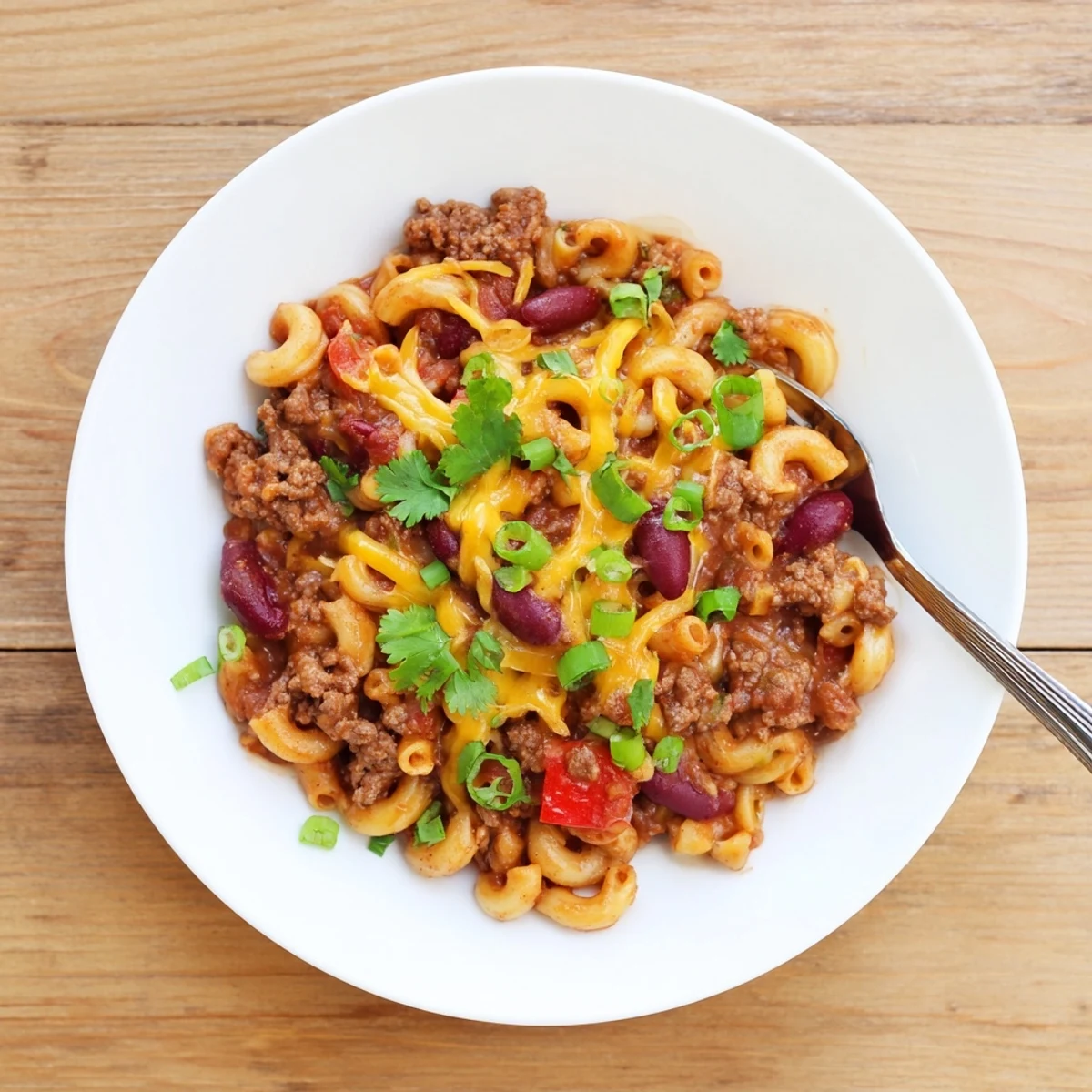 Hearty bowl of chili mac and cheese recipe garnished with cilantro and extra shredded cheese