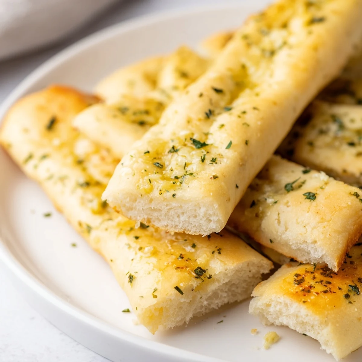 Golden brown homemade garlic breadsticks brushed with melted garlic butter and parsley garnish