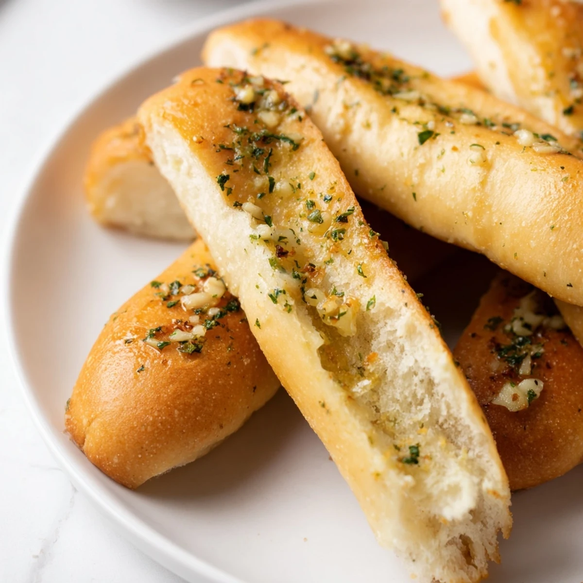 Warm fluffy garlic breadsticks fresh from the oven arranged on a white baking sheet