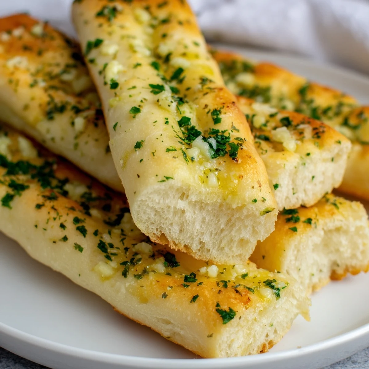 Soft Italian garlic breadsticks coated in buttery garlic glaze perfect for dipping in marinara