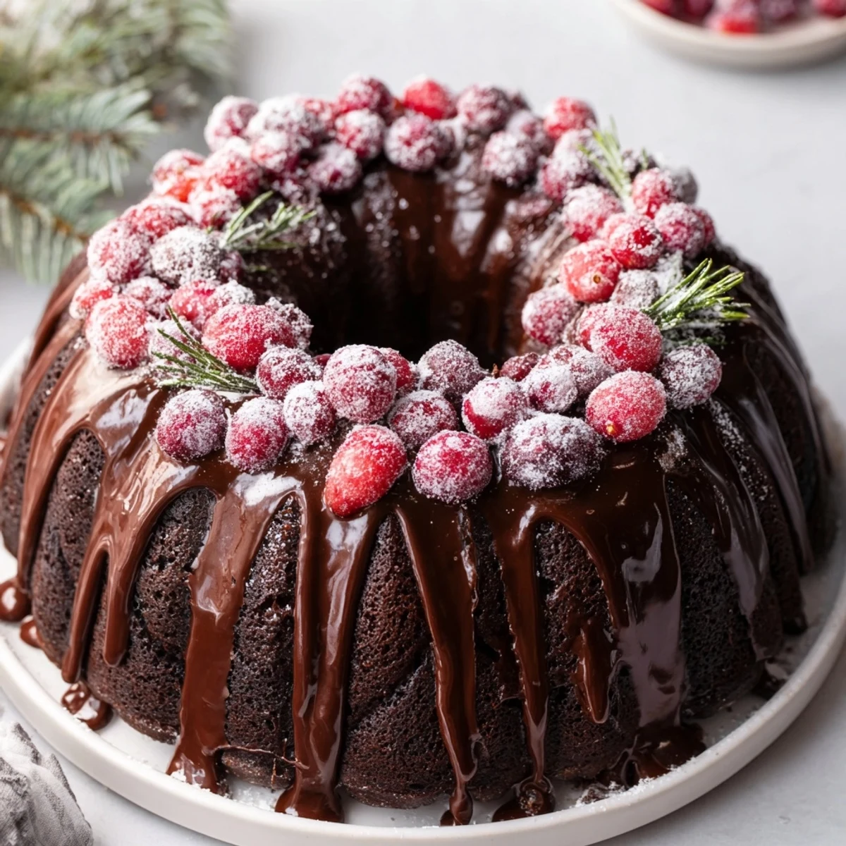 Chocolate Bundt Cake Christmas Wreath with glossy chocolate glaze, sugared cranberries, rosemary