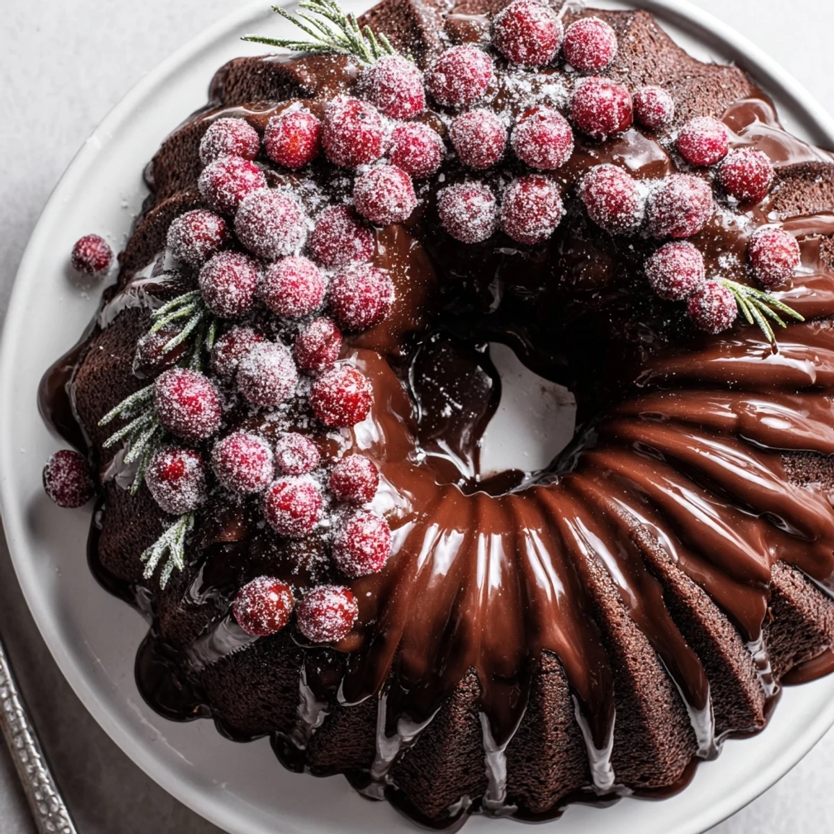Lightly dusted powdered sugar crowns Chocolate Bundt Cake Christmas Wreath on holiday table