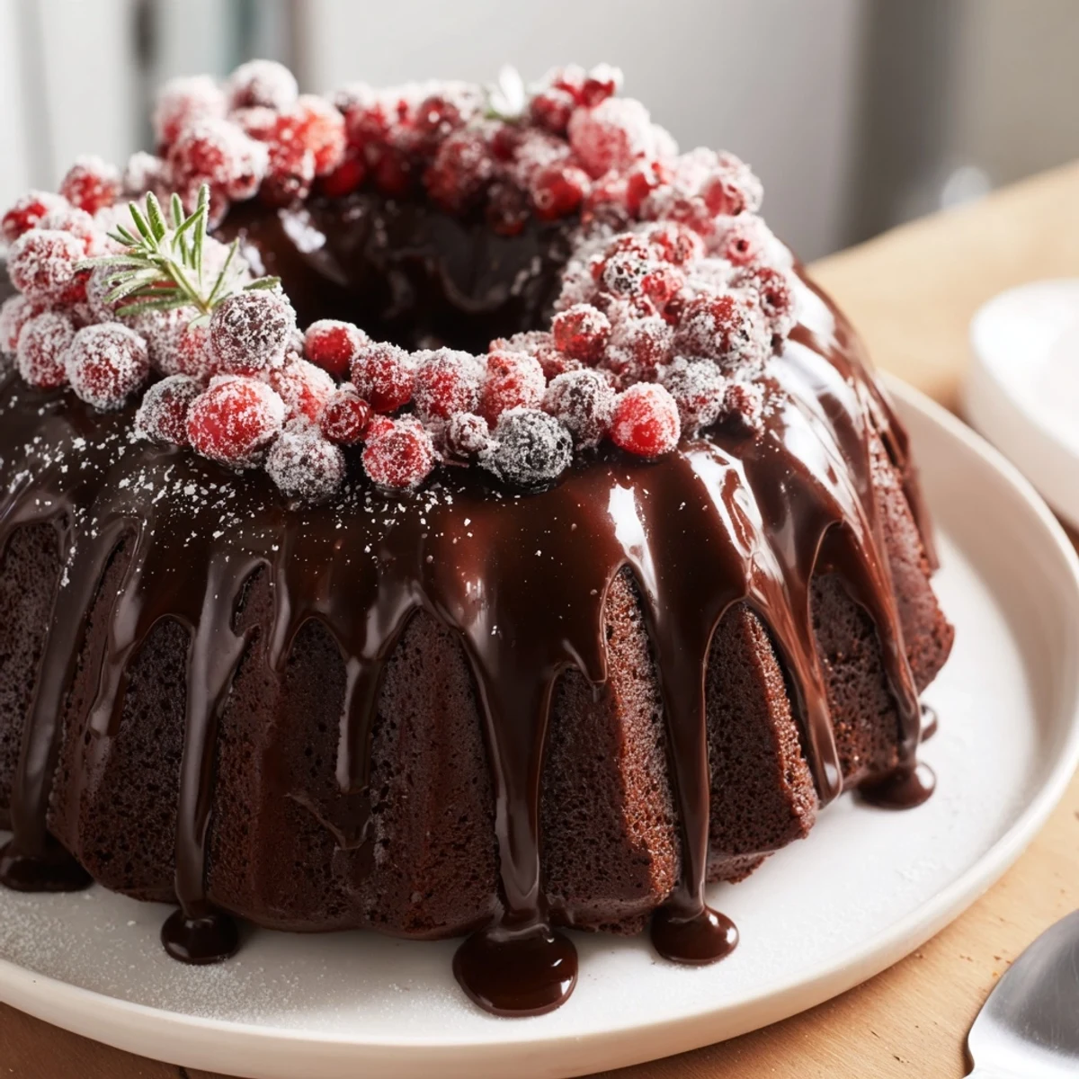 A sliced Chocolate Bundt Cake Christmas Wreath revealing moist crumb beside steaming cocoa