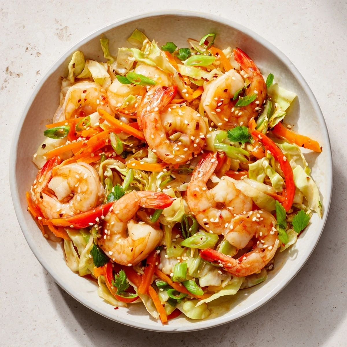 Steaming, glossy bowl of Delicious Asian Shrimp And Cabbage Stir Fry, sesame garnish.