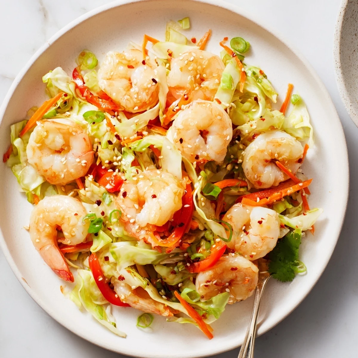 Delicious Asian Shrimp And Cabbage Stir Fry tossed with crisp carrots and scallions.