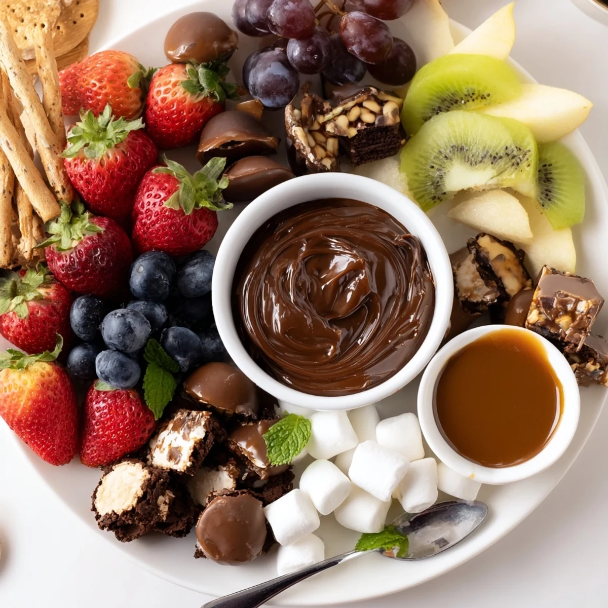 A Dessert Charcuterie Board arranged with dips, cookies, and fresh berries
